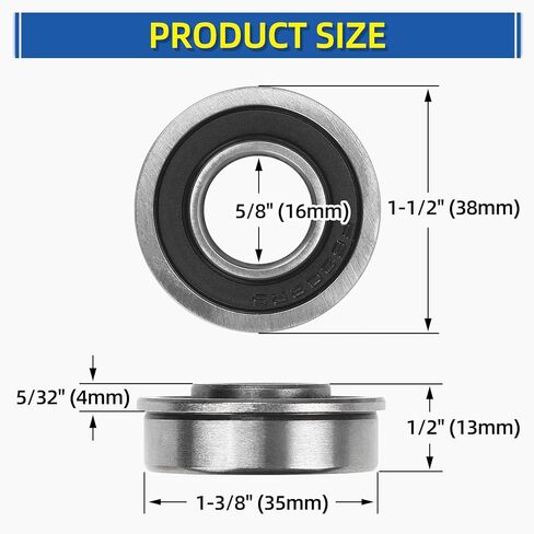 (4 Pack) GICOOL 5/8" Bore Flanged Deep Groove Ball Bearing, 16mm ID x 35mm OD x 13mm W Sealed 9Cr18 Steel Bearing for Wheelbarrow, Lawn Mower, Garden Cart, Hand Truck Tire and Wheel Parts Replacements in Kuwait
