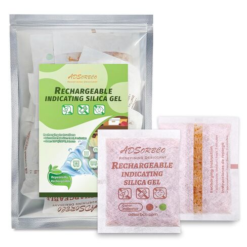 عبوات جل السيليكا 100 جرام (5 عبوات) من ADSorbco - عبوات مجففة للتخزين، ماصات رطوبة قابلة لإعادة الاستخدام مع تغيير اللون، برتقالي إلى أخضر، للأغذية والإلكترونيات والمجوهرات والخزائن in Kuwait