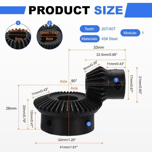 uxcell 2Pcs Tapered Bevel Gears Set, 1 Mod 1:2 (20T/40T) Harden Steel Straight Bevel Gear, 90 Degree Steering Motor Gears, (10mm/12mm Shaft Hole with Keyway) in Saudi Arabia