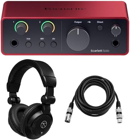 Scarlett Solo 4th Gen USB Audio Interface with Software Suite, Bundle with Closed-Back Studio Monitor Headphones and 10' XLR Microphone Cables (3 Items) in Kuwait