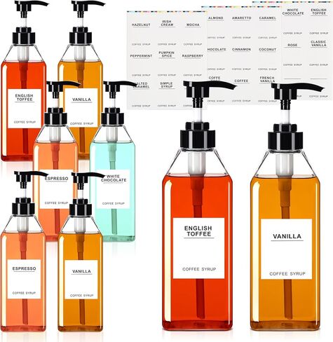 Nuogo 6 Pcs Coffee Syrup Dispenser Bottles Set 750ml, 500ml, 300ml, 150ml PET Black Syrup Bottles with Pump Dispenser 27 Labels for Coffee Bar Kitchen Accessories Portable Travel(16.9 oz,Square) in Kuwait