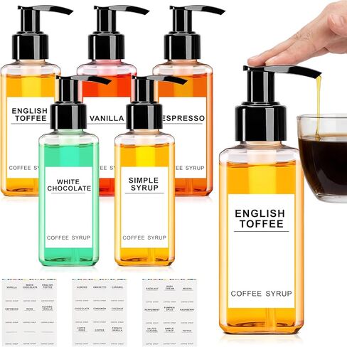 Nuogo 6 Pcs Coffee Syrup Dispenser Bottles Set 750ml, 500ml, 300ml, 150ml PET Black Syrup Bottles with Pump Dispenser 27 Labels for Coffee Bar Kitchen Accessories Portable Travel(16.9 oz,Square) in Saudi Arabia