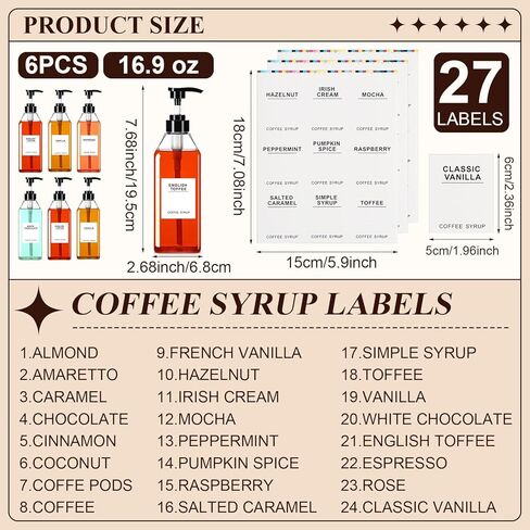 Nuogo 6 Pcs Coffee Syrup Dispenser Bottles Set 750ml, 500ml, 300ml, 150ml PET Black Syrup Bottles with Pump Dispenser 27 Labels for Coffee Bar Kitchen Accessories Portable Travel(16.9 oz,Square) in Saudi Arabia