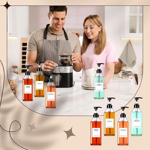 Nuogo 6 Pcs Coffee Syrup Dispenser Bottles Set 750ml, 500ml, 300ml, 150ml PET Black Syrup Bottles with Pump Dispenser 27 Labels for Coffee Bar Kitchen Accessories Portable Travel(16.9 oz,Square) in Saudi Arabia
