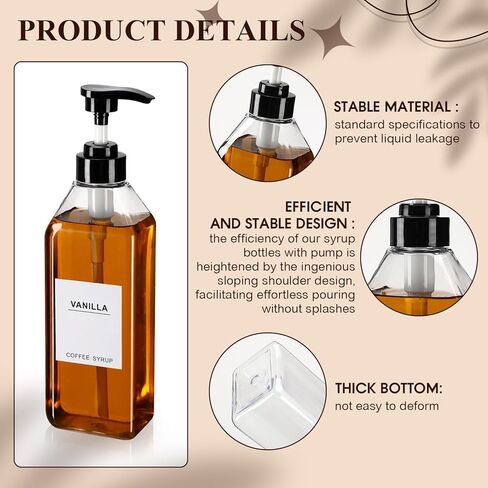 Nuogo 6 Pcs Coffee Syrup Dispenser Bottles Set 750ml, 500ml, 300ml, 150ml PET Black Syrup Bottles with Pump Dispenser 27 Labels for Coffee Bar Kitchen Accessories Portable Travel(16.9 oz,Square) in Saudi Arabia