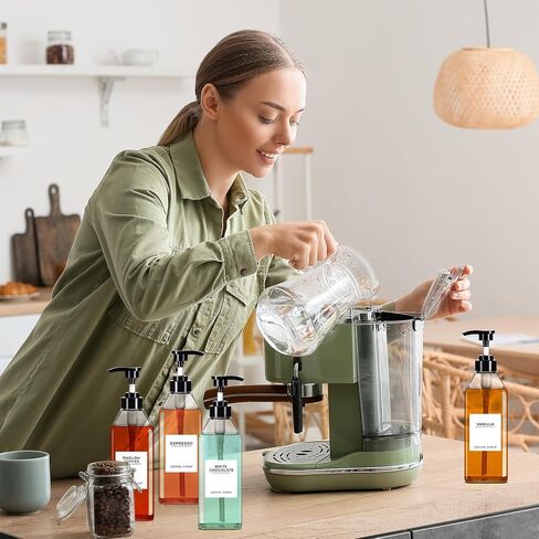 Nuogo 6 Pcs Coffee Syrup Dispenser Bottles Set 750ml, 500ml, 300ml, 150ml PET Black Syrup Bottles with Pump Dispenser 27 Labels for Coffee Bar Kitchen Accessories Portable Travel(16.9 oz,Square) in Saudi Arabia