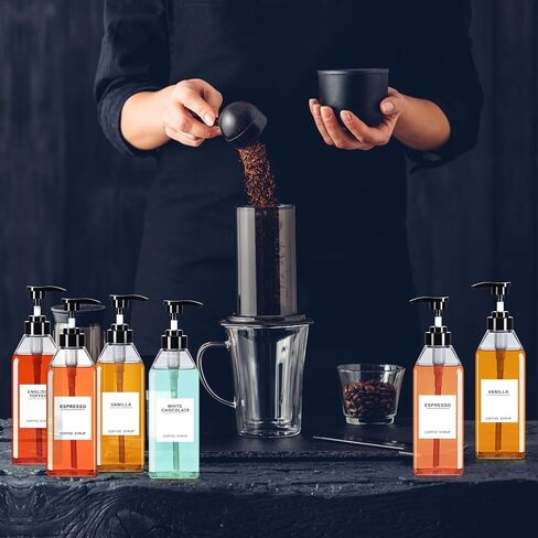 Nuogo 6 Pcs Coffee Syrup Dispenser Bottles Set 750ml, 500ml, 300ml, 150ml PET Black Syrup Bottles with Pump Dispenser 27 Labels for Coffee Bar Kitchen Accessories Portable Travel(16.9 oz,Square) in Saudi Arabia
