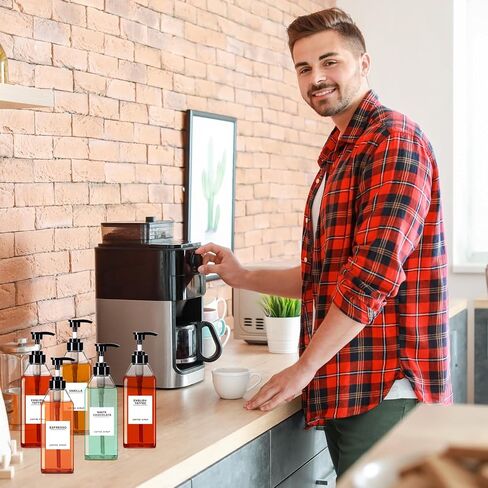 Nuogo 6 Pcs Coffee Syrup Dispenser Bottles Set 750ml, 500ml, 300ml, 150ml PET Black Syrup Bottles with Pump Dispenser 27 Labels for Coffee Bar Kitchen Accessories Portable Travel(16.9 oz,Square) in Saudi Arabia