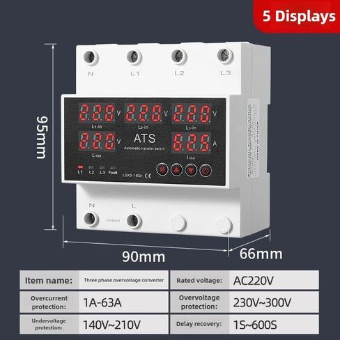 63A 3 Phase Over Under Voltage Protector ATS Automatic Transfer Switch Phase Selector Uninterrupted Power Current in Saudi Arabia