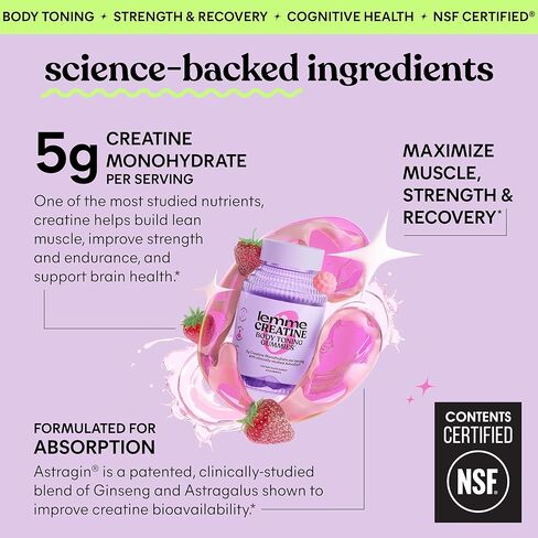 علكة الكرياتين مونوهيدرات Lemme للنساء والرجال، جرعة 5 جرام لدعم العضلات الهزيلة، والقوة، والتعافي، والصحة المعرفية، مع الجينسنغ للامتصاص، والفراولة الحامضة، ومعتمد من NSF، 60 علكة in Kuwait