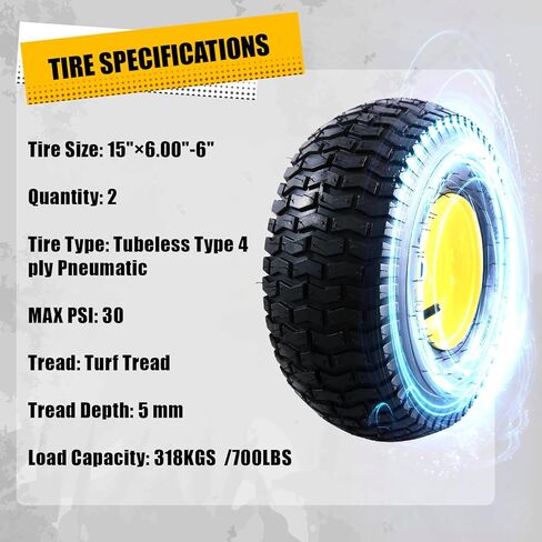 إطارات MZREXN 15x6.00-6 لجزازة العشب وتجميع العجلات، استبدال الإطارات الأمامية، متوافق مع جزازات John Deere & More للركوب، 4 طبقات هوائية، محور إزاحة 3 بوصة، محامل 3/4 بوصة، بدون أنبوب، قطعتان in Kuwait