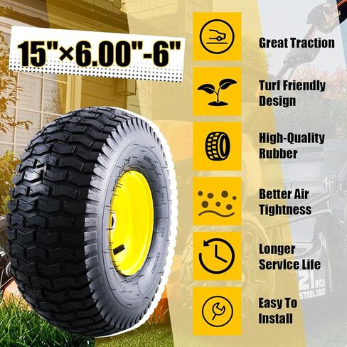 إطارات MZREXN 15x6.00-6 لجزازة العشب وتجميع العجلات، استبدال الإطارات الأمامية، متوافق مع جزازات John Deere & More للركوب، 4 طبقات هوائية، محور إزاحة 3 بوصة، محامل 3/4 بوصة، بدون أنبوب، قطعتان in Kuwait