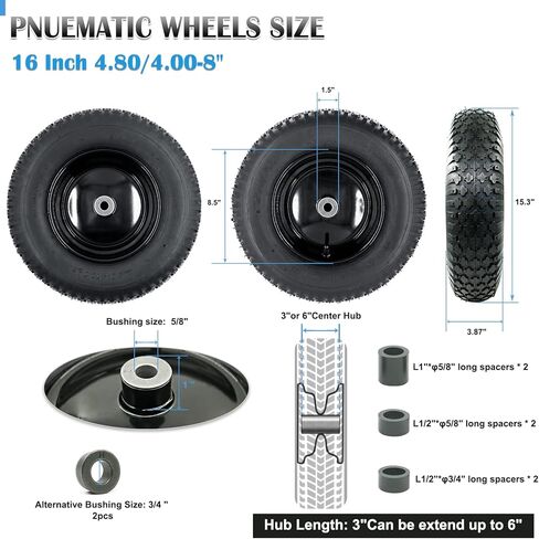 2-Pack of 4.80/4.00-8 Pneumatic Tire and Wheel,2PR (Air Filled)- 5/8"or 3/4" Powdered Metal bushings and 3"or 6"Center Hub,for Wheelbarrow,Garden and Utility Cart,Trolley,Wagon and More (MYTT4008-2) in Saudi Arabia