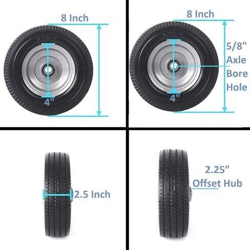 (2-Pack) 2.50-4" Solid PU Run-Flat Tire Wheel Assemblies - 8" Flat Free Tubeless Tires and Wheels for Utility Equipment - 5/8" Axle Bore Hole, 2 1/4" Offset Hub, and Double-Sealed Ball Bearings in Saudi Arabia