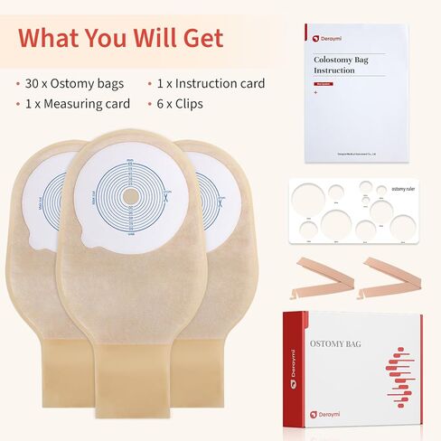 DERAYMI 30 PCS Colostomy Bags, Ostomy Supplies with 6 Clamp Closure, 15mm-65mm Cut to Fit Ostomy Bag for Ileostomy Stoma Care, Single-Layer Non-Woven Drainable Pouches in Kuwait