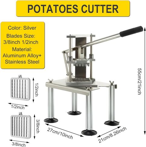 Stainless Steel French Fry Cutter with 1/2 & 3/8 Inch Interchangeable Blades, Suction Base Home Kitchen Tool for Family Cooking in Saudi Arabia