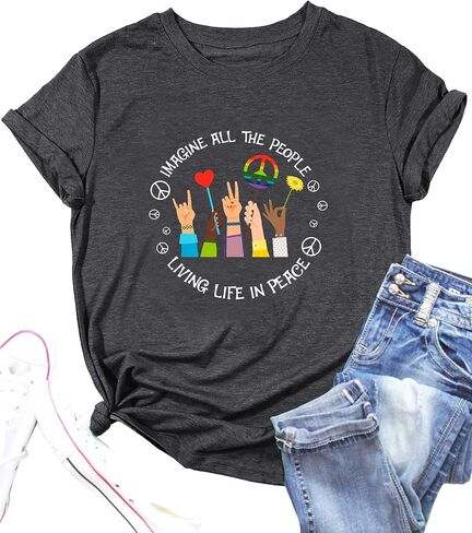 Hippie Peace Sign Shirts for Women 60s 70s Imagine All The People Living Life in Peace Tshirt Short Sleeve Tee Tops in Kuwait