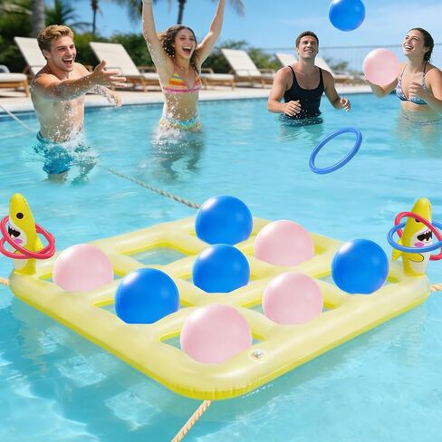 لعبة تيك تاك تو العملاقة 2 في 1 وألعاب الرمي ذات الحلقات المتقاطعة - مجموعة ألعاب ألعاب حمام السباحة، ألعاب ساحة خارجية قابلة للنفخ للأطفال والبالغين والعائلة، مع 10 كرات للبالغين والمراهقين والأطفال من 2 إلى 10 لاعبين in Kuwait