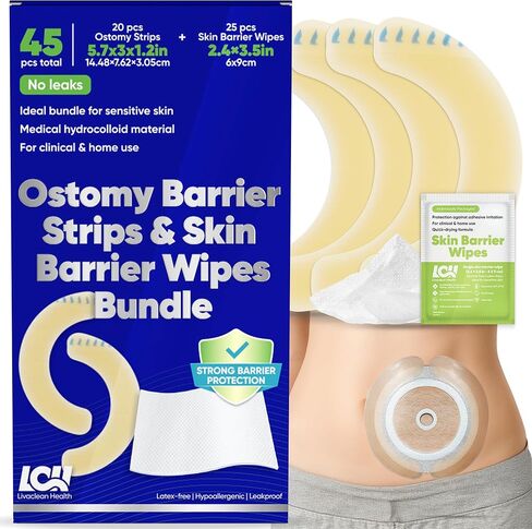 (45 قطعة) 20 شريطًا حاجزًا للفغرة + 25 منديلًا حاجزًا للبشرة | شرائط مضادة للحساسية وخالية من اللاتكس | لوازم الفغرة | مستلزمات فغر القولون | مناديل مبللة للبشرة اللطيفة | التغطية المستمرة in Kuwait