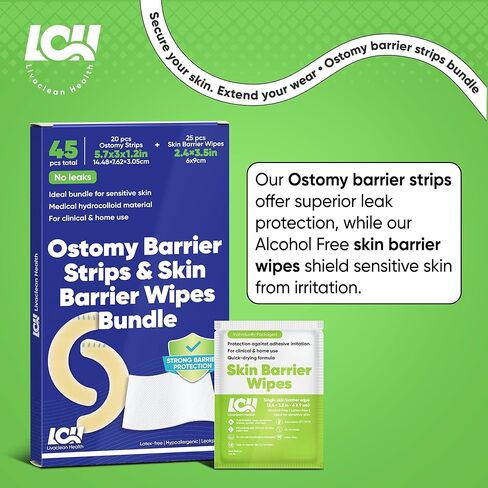 (45 قطعة) 20 شريطًا حاجزًا للفغرة + 25 منديلًا حاجزًا للبشرة | شرائط مضادة للحساسية وخالية من اللاتكس | لوازم الفغرة | مستلزمات فغر القولون | مناديل مبللة للبشرة اللطيفة | التغطية المستمرة in Kuwait