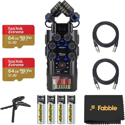 حزمة مسجل Zoom H6studio سهلة الاستخدام مع 2 × 64 جيجابايت من بطاقات microSDXC، و2 × كابلات XLR بطول 10 أقدام، و4 × بطاريات AA، ومقبض يد ثلاثي القوائم لإعدادات التسجيل المحمولة الاحترافية in Saudi Arabia