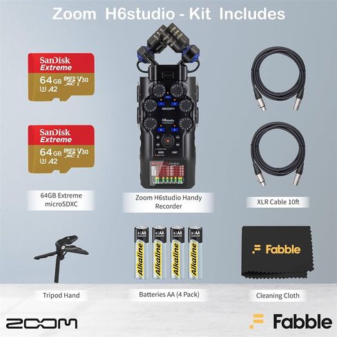 حزمة مسجل Zoom H6studio سهلة الاستخدام مع 2 × 64 جيجابايت من بطاقات microSDXC، و2 × كابلات XLR بطول 10 أقدام، و4 × بطاريات AA، ومقبض يد ثلاثي القوائم لإعدادات التسجيل المحمولة الاحترافية in Saudi Arabia