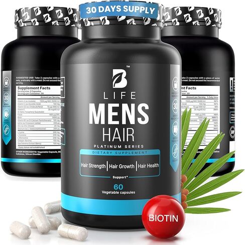 Mens Hair 240 Capsules. Natural Ingredients: Biotin, Selenium, Zinc, Collagen, Vitamins A, C, E, B5 and D3. B Life Mens Hair Platinum Series. in Kuwait