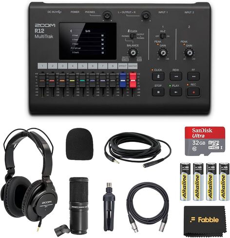 Zoom R12 MultiTrak Portable Recorder Bundle with ZDM-1 Podcast Mic Pack, Headphones, Mic Stand, XLR Cable, Foam Windscreen, Batteries and 32GB microSD Card in Saudi Arabia