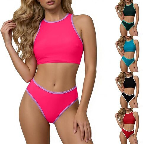 Women's Bikini Swimsuits High Neck Sporty Two Piece Swimsuit Contrast Binding High Cut Cheeky Bathing Suit in Saudi Arabia