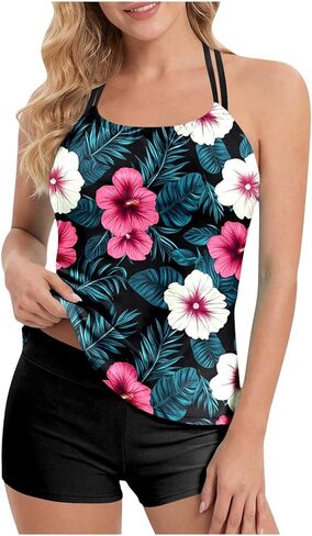 Swim Suits for Women 2026 Floral Pattern Women's Swimwear Swim Halter Top with Shorts Two Piece Modest Bathing Suits in Saudi Arabia