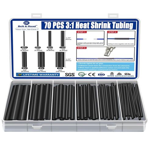 70PCS Heat Shrink Tubing Kit - 3:1 Ratio Adhesive Lined, Wire Shrink Wrap Tubing - Industrial Heat-Shrink Tubing - Black - Shrink Wrap Tubing | Trusted UL Certification in Kuwait