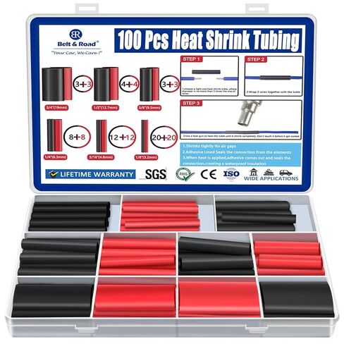 100 قطعة 3: 1 مجموعة أنابيب الانكماش الحراري، غلاف قابل للانكماش بدرجة مقاومة للبحرية مبطن بمادة لاصقة - طول 1.75 بوصة، مقاس 6 مثالي للمنزل والصناعي، 1/8 بوصة - 3/4 بوصة - أسود، أحمر in Kuwait