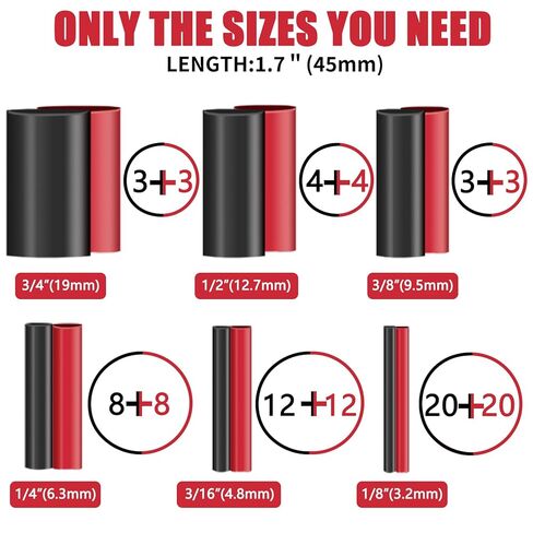 100 قطعة 3: 1 مجموعة أنابيب الانكماش الحراري، غلاف قابل للانكماش بدرجة مقاومة للبحرية مبطن بمادة لاصقة - طول 1.75 بوصة، مقاس 6 مثالي للمنزل والصناعي، 1/8 بوصة - 3/4 بوصة - أسود، أحمر in Kuwait