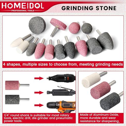 14 Pcs Drill Grinding Stone, HOMEIDOL 1/4" Shank Abrasive Bit Grinding Wheel for Drill Grinder Attachment, 4 Shapes Aluminum Oxide Rotary Grinding Stone Mounted Sharpening Bits for Metal, Polishing in Kuwait