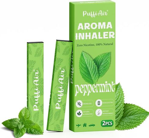 جهاز استنشاق الهواء العشبي PUFFIAIR بالنعناع | مع منقوع النعناع الطبيعي للانتعاش الفوري والرغبة الشديدة وتخفيف التوتر، أجهزة الاستنشاق غير الكهربائية الخالية من الدخان والخالية من النيكوتين، يمكن استخدامها في أي مكان - قطعتان (2) in Kuwait