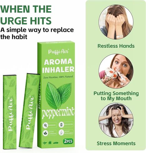 جهاز استنشاق الهواء العشبي PUFFIAIR بالنعناع | مع منقوع النعناع الطبيعي للانتعاش الفوري والرغبة الشديدة وتخفيف التوتر، أجهزة الاستنشاق غير الكهربائية الخالية من الدخان والخالية من النيكوتين، يمكن استخدامها في أي مكان - قطعتان (2) in Kuwait