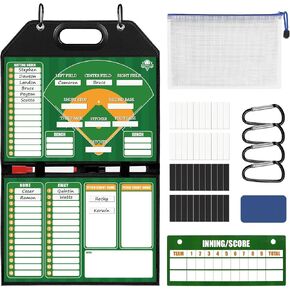 Magnetic Baseball Lineup Board for Dugout | Leather Cover, Foldable Coaching Board for Baseball & Softball with Carry Handle, Includes 40 Lineup Cards,Scoreboard, 2 Markers, Eraser, 4 Carabiners & Bag in Kuwait
