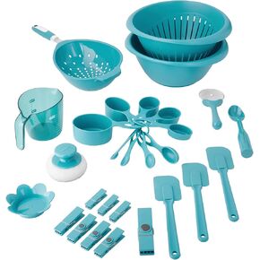 Plastic Kitchen Tools Set, 28pc – Includes Silicone Spatulas, Measuring Cups & Spoons, Colander, Pizza Cutter, Ice Cream Scoop – Teal in Kuwait