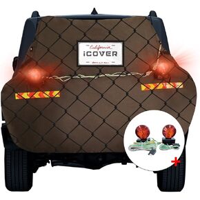 غطاء دراجة iCOVER لدراجتين للنقل على حامل وصلة، مع مصابيح خلفية وجيب لوحة الترخيص، غطاء دراجة إلكترونية مقاوم للماء شديد التحمل 600D للنقل، بما في ذلك ضوء السحب وشبكة شحن بنجي in Kuwait