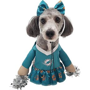 زي فريق NFL Miami Dolphins المرخص رسميًا للكلاب من MODERN HERO يشتمل على فستان بأذرع محشوة صناعية وكرات من الزينة وعصابة رأس من الساتان، مقاس XXL in Kuwait
