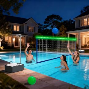 Pool Volleyball Net Set with LED Lights, Larger Solar Panel - High Brightness Volleyball Net for Inground Pools, Adjustable 15-32ft Length Outdoor Water Volleyball Games Toy for Backyard Party in Saudi Arabia