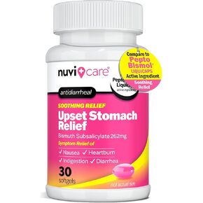 تخفيف اضطراب المعدة - دواء البزموت المضاد للإسهال - دواء ارتجاع الحمض للغثيان وحرقة المعدة وتخفيف عسر الهضم - كبسولات سائلة عامة (30 عددًا) in Kuwait