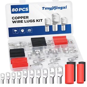 80PCS Copper Wire Lugs Battery Cable Ends Assortment AWG 2 4 6 8 10 12 Gauge Wire Connectors with 3:1 Heat Shrink Tubing YY016 in Kuwait