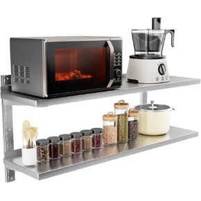 رف من الفولاذ المقاوم للصدأ، رف جداري عائم تجاري مقاس 47.2 بوصة × 12.6 بوصة مع دعامات، سعة 154 رطلًا، رف تخزين معدني عالي التحمل بطبقة مزدوجة قابل للتعديل للمطعم وبار المطبخ والفندق المنزلي in Kuwait