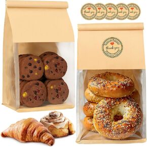 50 Pack Cookie Bags with Seal, 8.2x3.9x3.1 Inch Tin Tie Tab Lock Bakery Bags with Window Resealable Paper Packaging Bag for Muffin, Granola, Candies, Scone, Brownie, Included 50 Thank You Stickers in Kuwait