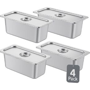 ALPHA LIVING 4 Pack Stainless Steel Steam Table Pans with Lids, 1/3 Size 6" Deep Hotel Pans for Catering, Buffet, Restaurant, or Home Use – Durable Anti-Rust Reusable Food Storage Trays in Kuwait