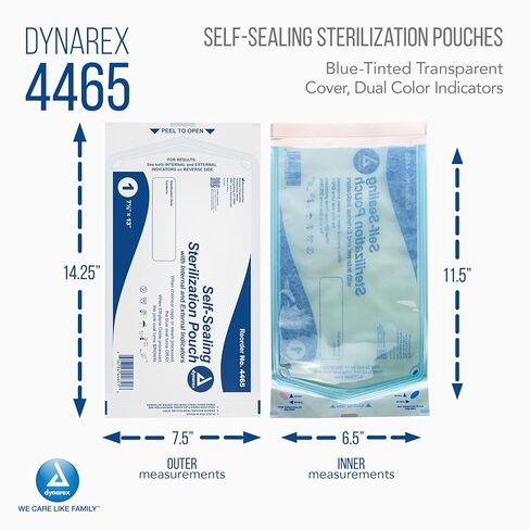 Dynarex Sterilization Pouches - Self-Sealing Autoclave Bags for Medical, Dental, Tattoo & Nail Care Tools - Blue-Tinted Transparent Cover, Dual Color Indicators (7.5" x 13", 1000) in Saudi Arabia