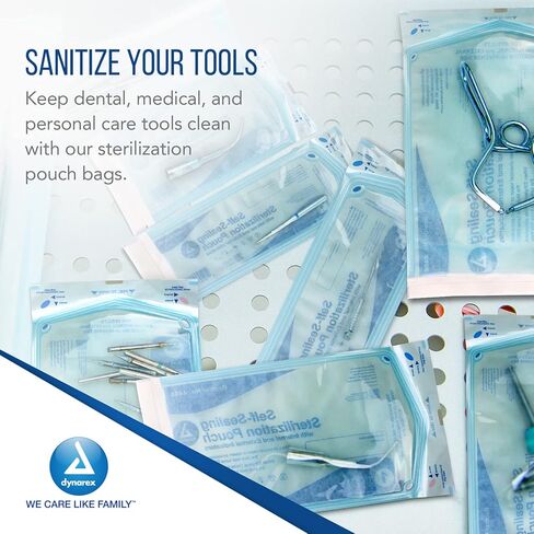 Dynarex Sterilization Pouches - Self-Sealing Autoclave Bags for Medical, Dental, Tattoo & Nail Care Tools - Blue-Tinted Transparent Cover, Dual Color Indicators (7.5" x 13", 1000) in Saudi Arabia