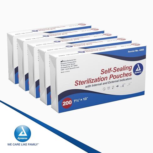 Dynarex Sterilization Pouches - Self-Sealing Autoclave Bags for Medical, Dental, Tattoo & Nail Care Tools - Blue-Tinted Transparent Cover, Dual Color Indicators (7.5" x 13", 1000) in Saudi Arabia