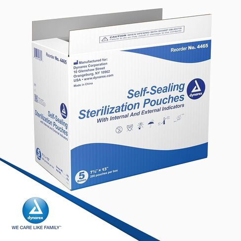 Dynarex Sterilization Pouches - Self-Sealing Autoclave Bags for Medical, Dental, Tattoo & Nail Care Tools - Blue-Tinted Transparent Cover, Dual Color Indicators (7.5" x 13", 1000) in Saudi Arabia